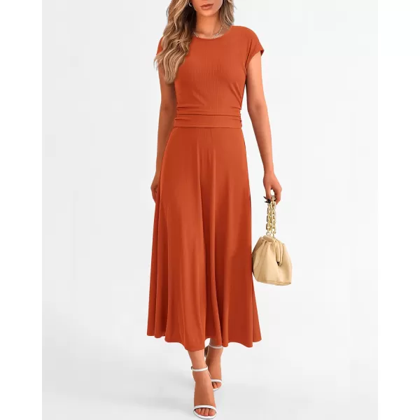 imageBTFBM Women Two Piece Skirt Set Casual Ribbed Knit Crew Neck Short Sleeve Cropped Top Elastic Waist Swing Midi SkirtsSolid Orange