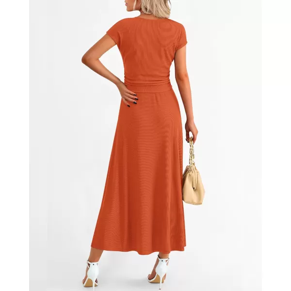 imageBTFBM Women Two Piece Skirt Set Casual Ribbed Knit Crew Neck Short Sleeve Cropped Top Elastic Waist Swing Midi SkirtsSolid Orange