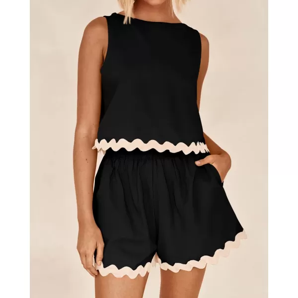 imageBTFBM Women Two Piece Summer Set Ric Rac Trim Tank Crop Top Pocketed Shorts Beach Vacation 2 Piece Lounge Matching SetsSolid Black