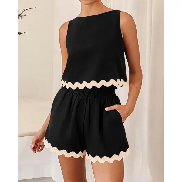 imageBTFBM Women Two Piece Summer Set Ric Rac Trim Tank Crop Top Pocketed Shorts Beach Vacation 2 Piece Lounge Matching SetsSolid Black