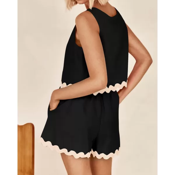 imageBTFBM Women Two Piece Summer Set Ric Rac Trim Tank Crop Top Pocketed Shorts Beach Vacation 2 Piece Lounge Matching SetsSolid Black