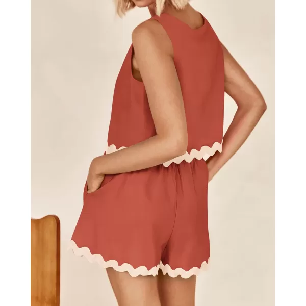 imageBTFBM Women Two Piece Summer Set Ric Rac Trim Tank Crop Top Pocketed Shorts Beach Vacation 2 Piece Lounge Matching SetsSolid Brick Red