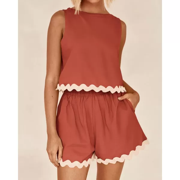 imageBTFBM Women Two Piece Summer Set Ric Rac Trim Tank Crop Top Pocketed Shorts Beach Vacation 2 Piece Lounge Matching SetsSolid Brick Red