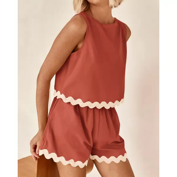 imageBTFBM Women Two Piece Summer Set Ric Rac Trim Tank Crop Top Pocketed Shorts Beach Vacation 2 Piece Lounge Matching SetsSolid Brick Red