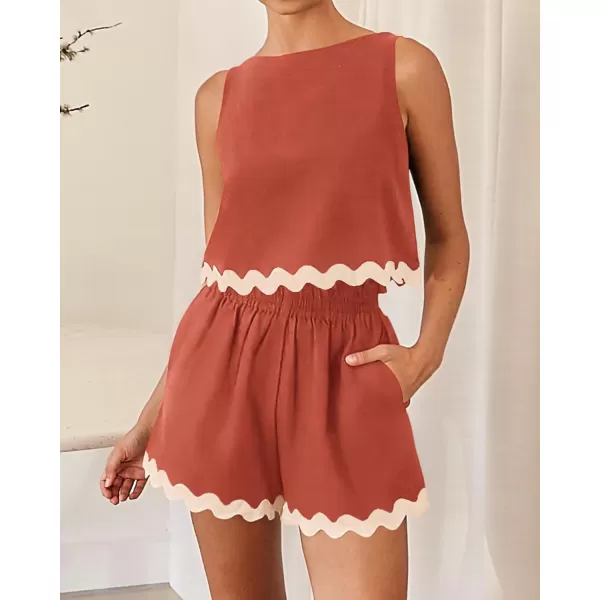 imageBTFBM Women Two Piece Summer Set Ric Rac Trim Tank Crop Top Pocketed Shorts Beach Vacation 2 Piece Lounge Matching SetsSolid Brick Red