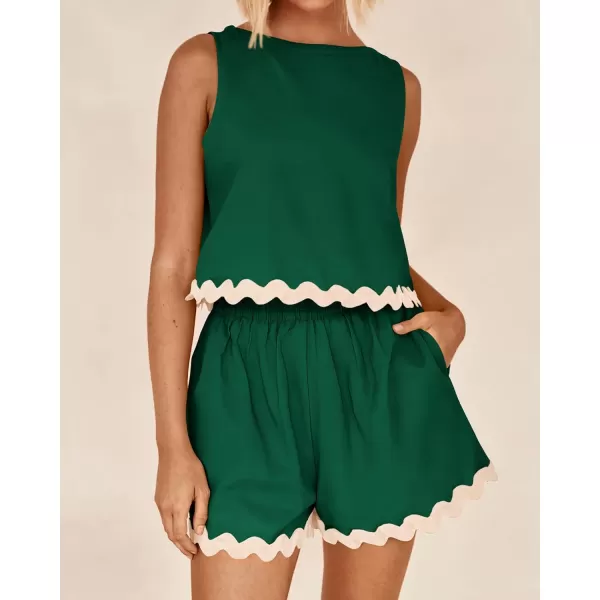 imageBTFBM Women Two Piece Summer Set Ric Rac Trim Tank Crop Top Pocketed Shorts Beach Vacation 2 Piece Lounge Matching SetsSolid Dark Green