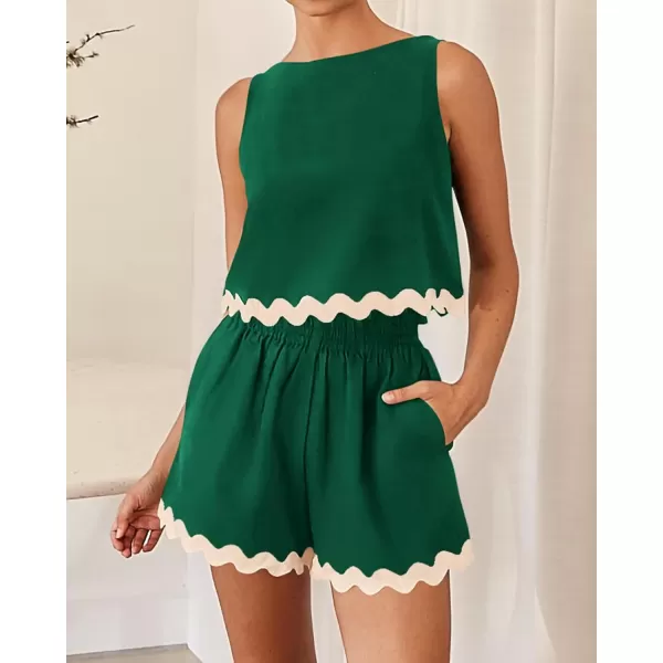 imageBTFBM Women Two Piece Summer Set Ric Rac Trim Tank Crop Top Pocketed Shorts Beach Vacation 2 Piece Lounge Matching SetsSolid Dark Green