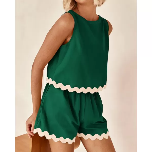 imageBTFBM Women Two Piece Summer Set Ric Rac Trim Tank Crop Top Pocketed Shorts Beach Vacation 2 Piece Lounge Matching SetsSolid Dark Green