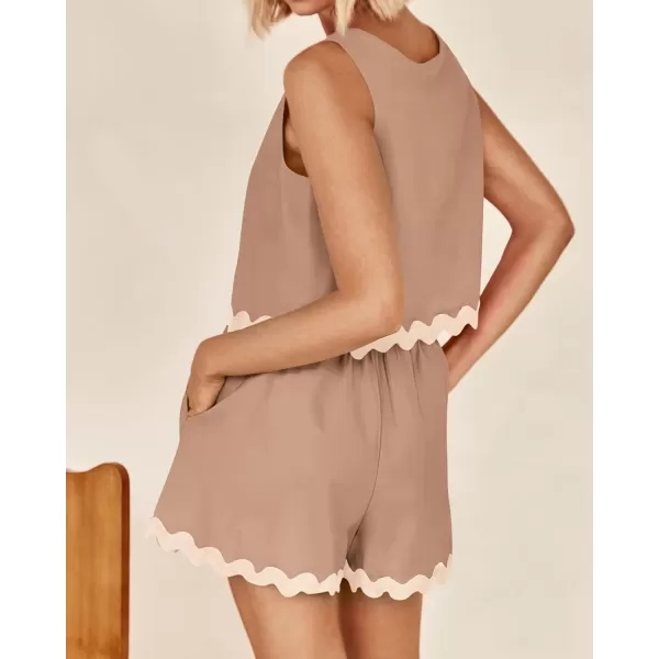 imageBTFBM Women Two Piece Summer Set Ric Rac Trim Tank Crop Top Pocketed Shorts Beach Vacation 2 Piece Lounge Matching SetsSolid Khaki