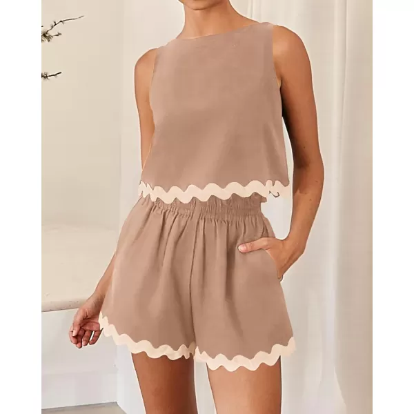 imageBTFBM Women Two Piece Summer Set Ric Rac Trim Tank Crop Top Pocketed Shorts Beach Vacation 2 Piece Lounge Matching SetsSolid Khaki