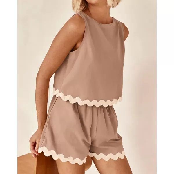 imageBTFBM Women Two Piece Summer Set Ric Rac Trim Tank Crop Top Pocketed Shorts Beach Vacation 2 Piece Lounge Matching SetsSolid Khaki