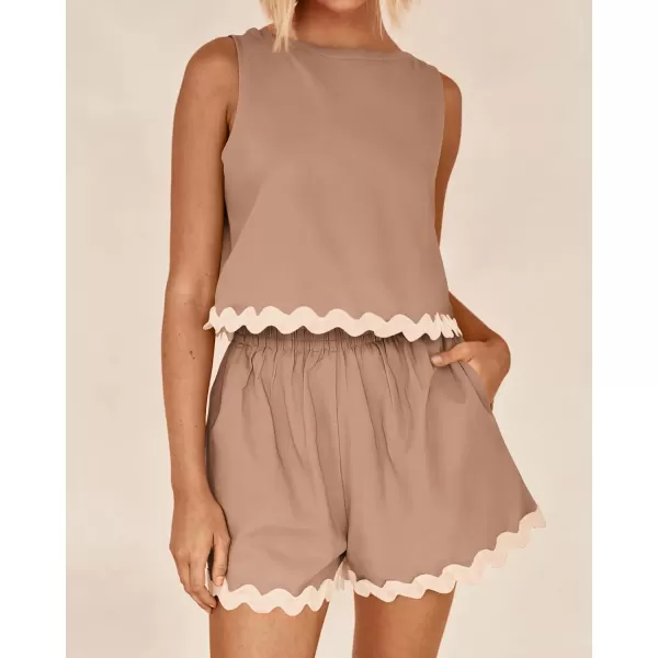 imageBTFBM Women Two Piece Summer Set Ric Rac Trim Tank Crop Top Pocketed Shorts Beach Vacation 2 Piece Lounge Matching SetsSolid Khaki
