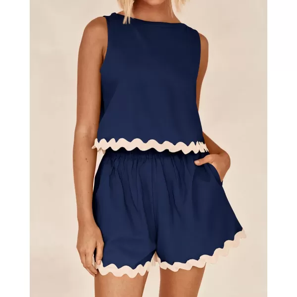 imageBTFBM Women Two Piece Summer Set Ric Rac Trim Tank Crop Top Pocketed Shorts Beach Vacation 2 Piece Lounge Matching SetsSolid Navy