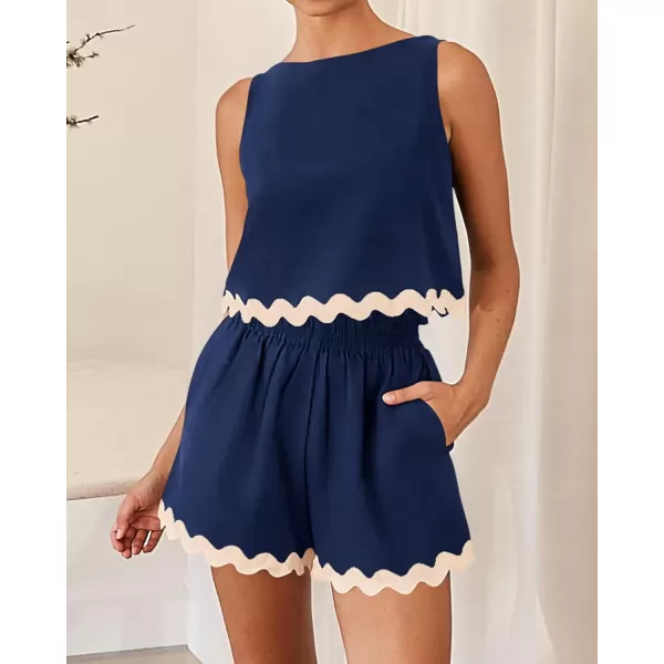 imageBTFBM Women Two Piece Summer Set Ric Rac Trim Tank Crop Top Pocketed Shorts Beach Vacation 2 Piece Lounge Matching SetsSolid Navy