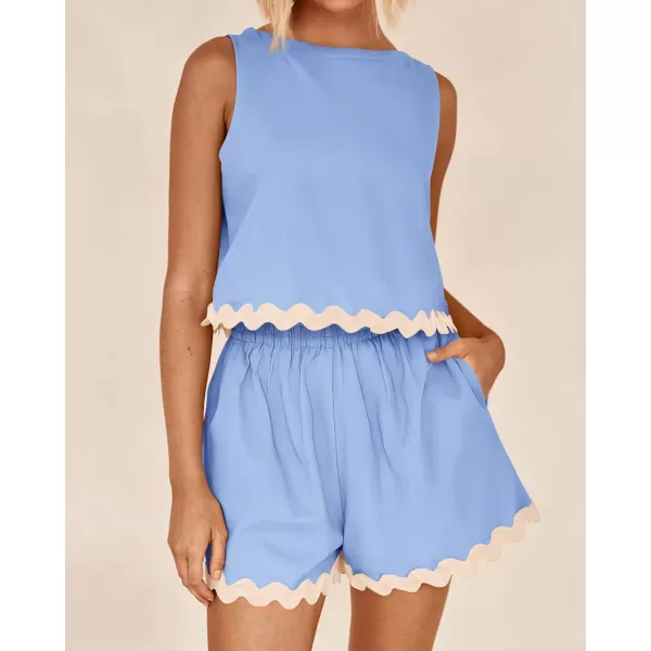 imageBTFBM Women Two Piece Summer Set Ric Rac Trim Tank Crop Top Pocketed Shorts Beach Vacation 2 Piece Lounge Matching SetsSolid Sky Blue