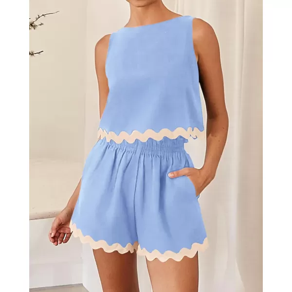 imageBTFBM Women Two Piece Summer Set Ric Rac Trim Tank Crop Top Pocketed Shorts Beach Vacation 2 Piece Lounge Matching SetsSolid Sky Blue