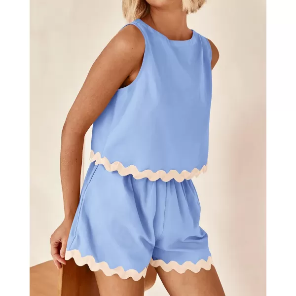 imageBTFBM Women Two Piece Summer Set Ric Rac Trim Tank Crop Top Pocketed Shorts Beach Vacation 2 Piece Lounge Matching SetsSolid Sky Blue