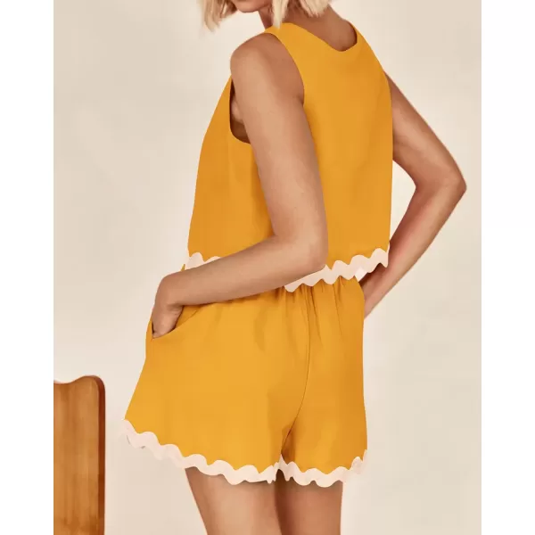 imageBTFBM Women Two Piece Summer Set Ric Rac Trim Tank Crop Top Pocketed Shorts Beach Vacation 2 Piece Lounge Matching SetsSolid Yellow
