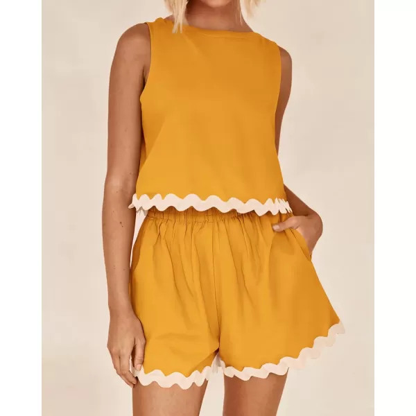 imageBTFBM Women Two Piece Summer Set Ric Rac Trim Tank Crop Top Pocketed Shorts Beach Vacation 2 Piece Lounge Matching SetsSolid Yellow