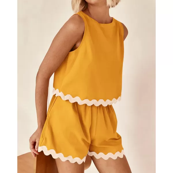 imageBTFBM Women Two Piece Summer Set Ric Rac Trim Tank Crop Top Pocketed Shorts Beach Vacation 2 Piece Lounge Matching SetsSolid Yellow