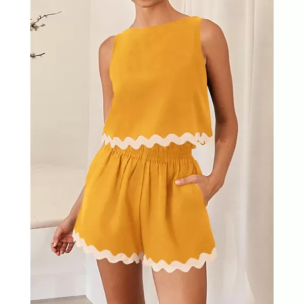 imageBTFBM Women Two Piece Summer Set Ric Rac Trim Tank Crop Top Pocketed Shorts Beach Vacation 2 Piece Lounge Matching SetsSolid Yellow