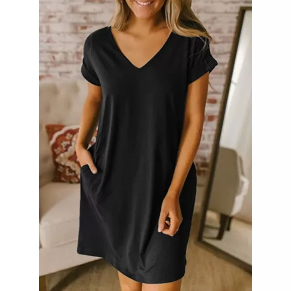 imageBTFBM Women VNeck Short Sleeve Summer Dresses 2023 Spring Casual Loose TShirt Tunic Short Dress Pajamas with PocketsBlack