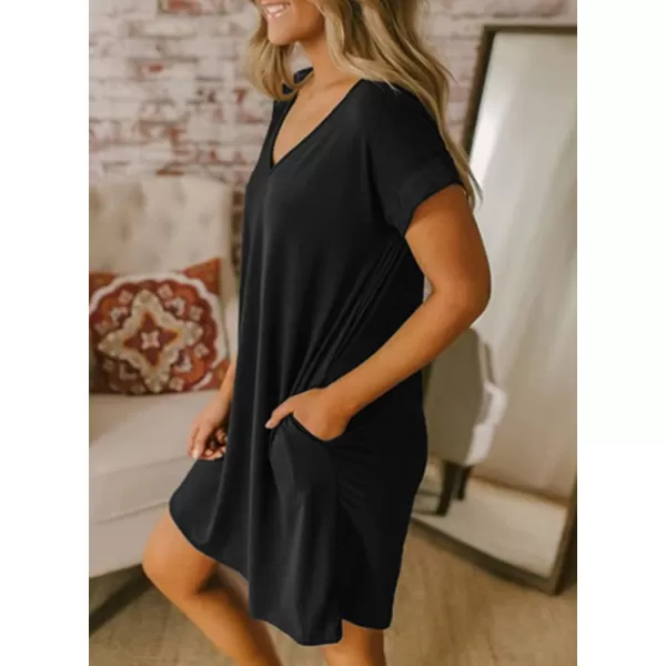 imageBTFBM Women VNeck Short Sleeve Summer Dresses 2023 Spring Casual Loose TShirt Tunic Short Dress Pajamas with PocketsBlack