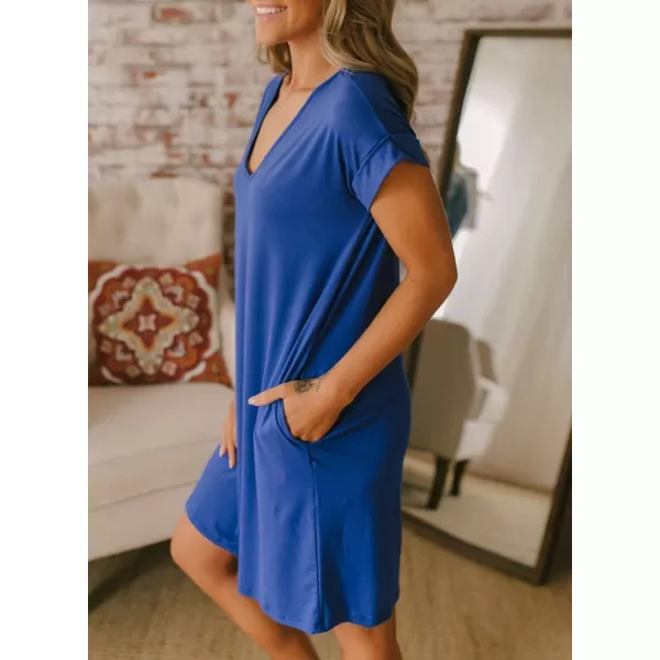 imageBTFBM Women VNeck Short Sleeve Summer Dresses 2023 Spring Casual Loose TShirt Tunic Short Dress Pajamas with PocketsBlue