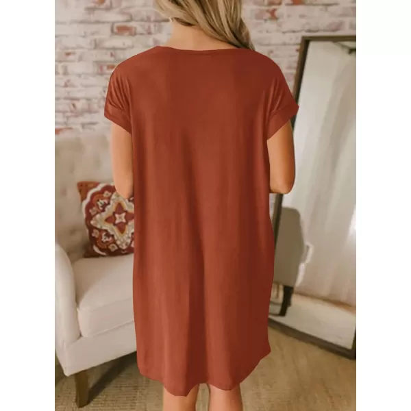 imageBTFBM Women VNeck Short Sleeve Summer Dresses 2023 Spring Casual Loose TShirt Tunic Short Dress Pajamas with PocketsBrick Red