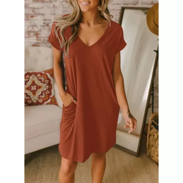 imageBTFBM Women VNeck Short Sleeve Summer Dresses 2023 Spring Casual Loose TShirt Tunic Short Dress Pajamas with PocketsBrick Red