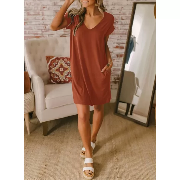 imageBTFBM Women VNeck Short Sleeve Summer Dresses 2023 Spring Casual Loose TShirt Tunic Short Dress Pajamas with PocketsBrick Red