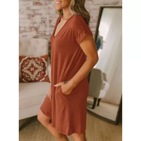 imageBTFBM Women VNeck Short Sleeve Summer Dresses 2023 Spring Casual Loose TShirt Tunic Short Dress Pajamas with PocketsBrick Red