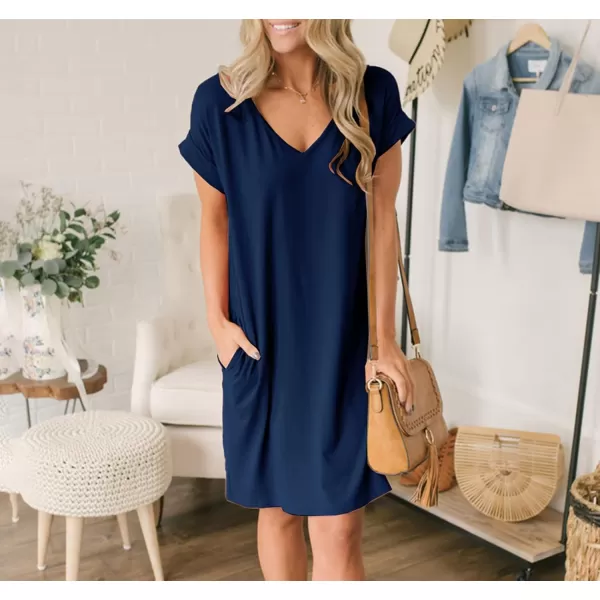 imageBTFBM Women VNeck Short Sleeve Summer Dresses 2023 Spring Casual Loose TShirt Tunic Short Dress Pajamas with PocketsDark Blue