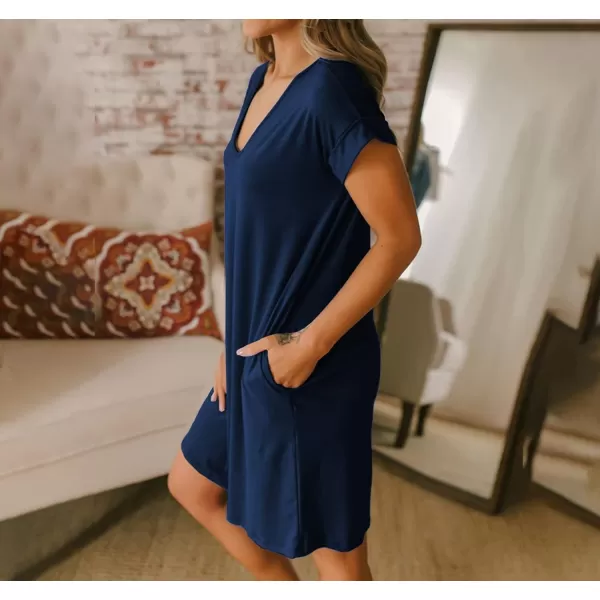 imageBTFBM Women VNeck Short Sleeve Summer Dresses 2023 Spring Casual Loose TShirt Tunic Short Dress Pajamas with PocketsDark Blue