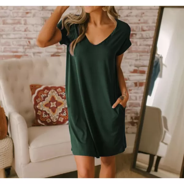 imageBTFBM Women VNeck Short Sleeve Summer Dresses 2023 Spring Casual Loose TShirt Tunic Short Dress Pajamas with PocketsDark Green