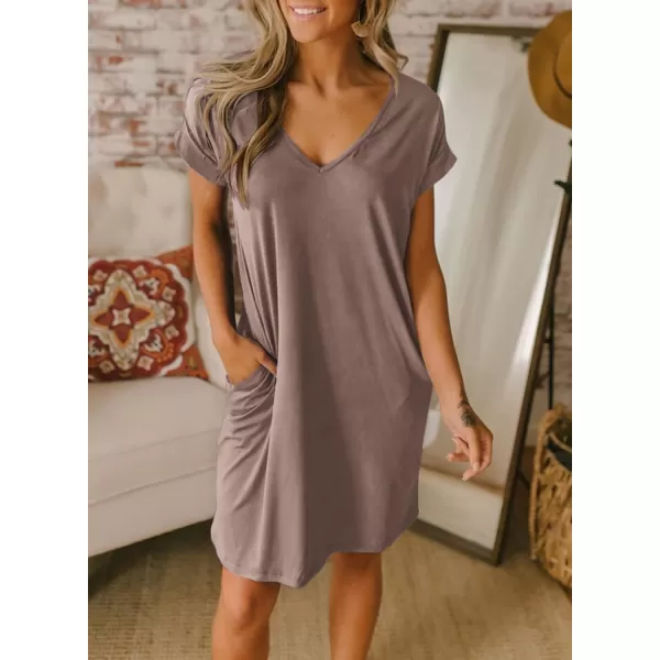 imageBTFBM Women VNeck Short Sleeve Summer Dresses 2023 Spring Casual Loose TShirt Tunic Short Dress Pajamas with PocketsDark Khaki