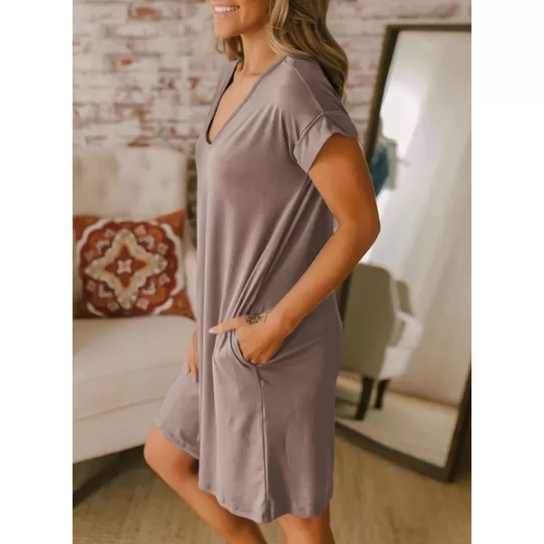 imageBTFBM Women VNeck Short Sleeve Summer Dresses 2023 Spring Casual Loose TShirt Tunic Short Dress Pajamas with PocketsDark Khaki