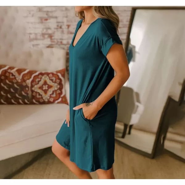 imageBTFBM Women VNeck Short Sleeve Summer Dresses 2023 Spring Casual Loose TShirt Tunic Short Dress Pajamas with PocketsDark Lake Blue