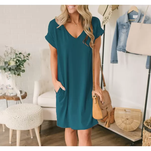 imageBTFBM Women VNeck Short Sleeve Summer Dresses 2023 Spring Casual Loose TShirt Tunic Short Dress Pajamas with PocketsDark Lake Blue