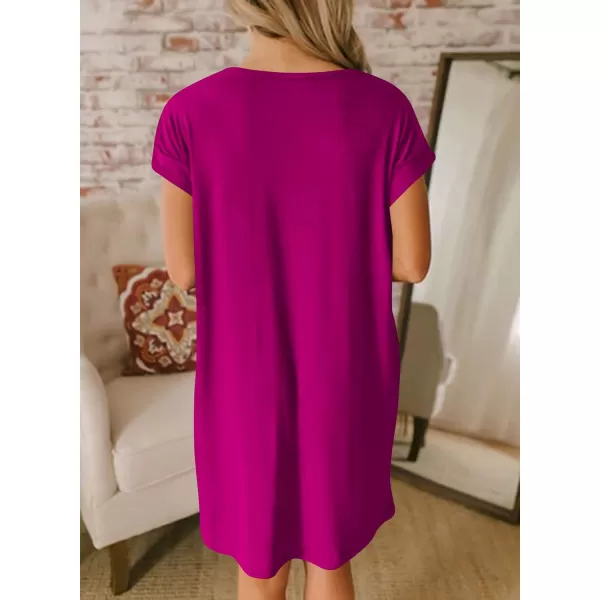imageBTFBM Women VNeck Short Sleeve Summer Dresses 2023 Spring Casual Loose TShirt Tunic Short Dress Pajamas with PocketsDark Purple Red