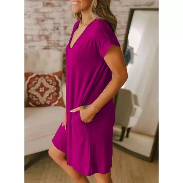 imageBTFBM Women VNeck Short Sleeve Summer Dresses 2023 Spring Casual Loose TShirt Tunic Short Dress Pajamas with PocketsDark Purple Red