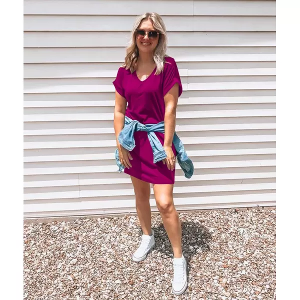 imageBTFBM Women VNeck Short Sleeve Summer Dresses 2023 Spring Casual Loose TShirt Tunic Short Dress Pajamas with PocketsDark Purple Red