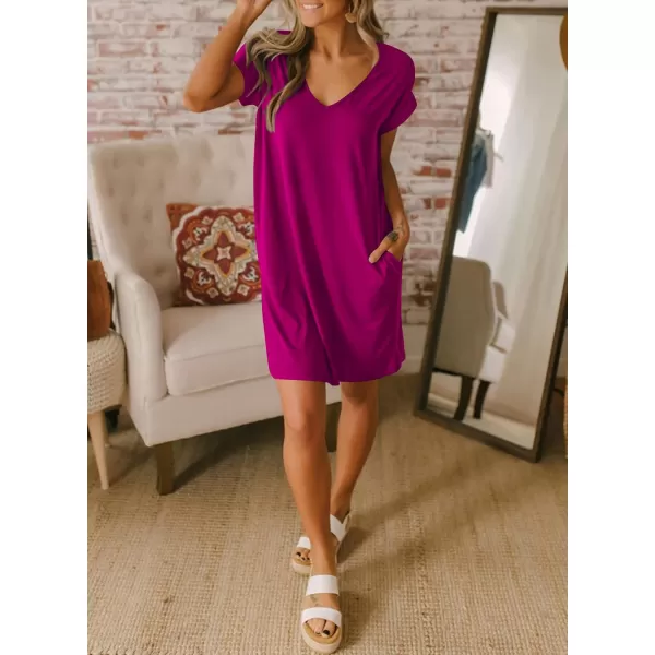 imageBTFBM Women VNeck Short Sleeve Summer Dresses 2023 Spring Casual Loose TShirt Tunic Short Dress Pajamas with PocketsDark Purple Red
