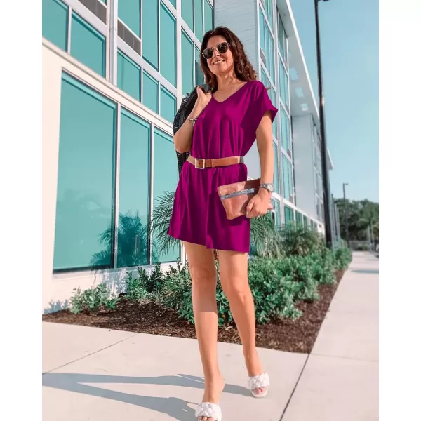imageBTFBM Women VNeck Short Sleeve Summer Dresses 2023 Spring Casual Loose TShirt Tunic Short Dress Pajamas with PocketsDark Purple Red