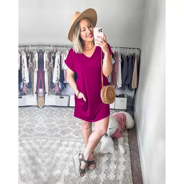 imageBTFBM Women VNeck Short Sleeve Summer Dresses 2023 Spring Casual Loose TShirt Tunic Short Dress Pajamas with PocketsDark Purple Red