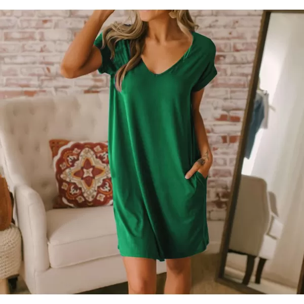 imageBTFBM Women VNeck Short Sleeve Summer Dresses 2023 Spring Casual Loose TShirt Tunic Short Dress Pajamas with PocketsGreen