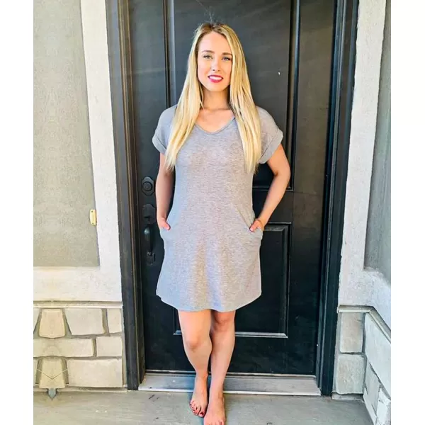 imageBTFBM Women VNeck Short Sleeve Summer Dresses 2023 Spring Casual Loose TShirt Tunic Short Dress Pajamas with PocketsGrey