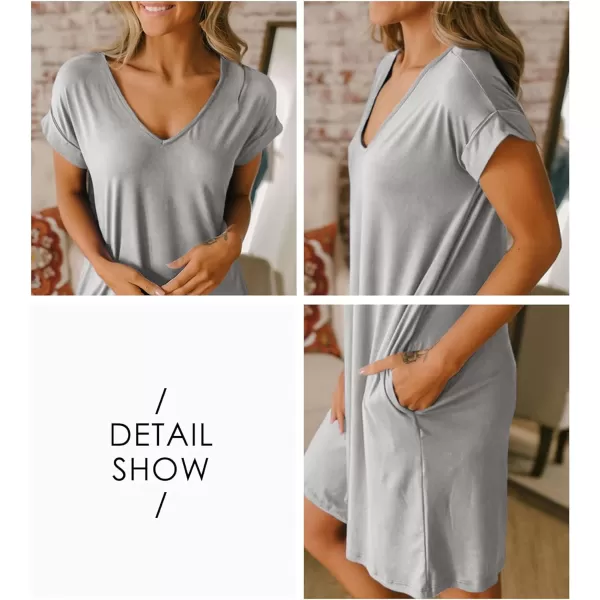 imageBTFBM Women VNeck Short Sleeve Summer Dresses 2023 Spring Casual Loose TShirt Tunic Short Dress Pajamas with PocketsGrey