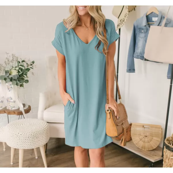 imageBTFBM Women VNeck Short Sleeve Summer Dresses 2023 Spring Casual Loose TShirt Tunic Short Dress Pajamas with PocketsGrey Blue