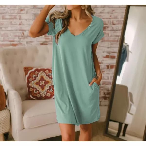 imageBTFBM Women VNeck Short Sleeve Summer Dresses 2023 Spring Casual Loose TShirt Tunic Short Dress Pajamas with PocketsGrey Green